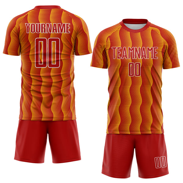 Custom Red Yellow-White Geometric Shape Sublimation Soccer Uniform Jersey