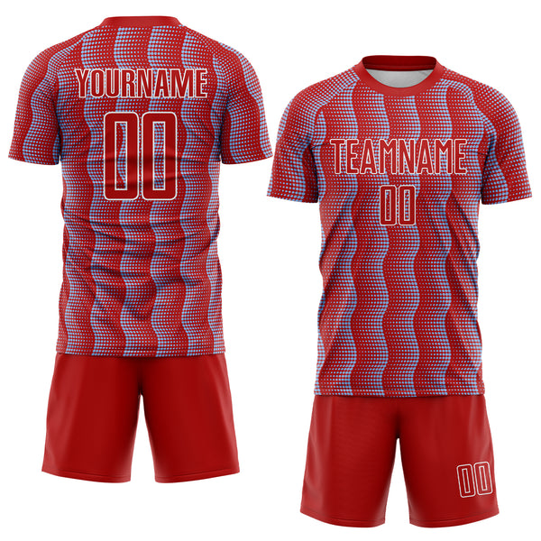 Custom Red Light Blue-White Geometric Shape Sublimation Soccer Uniform Jersey