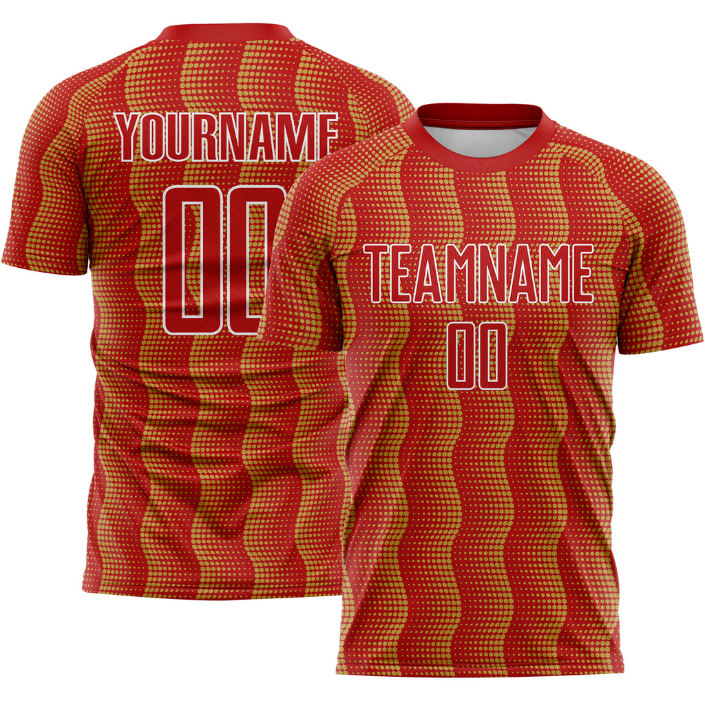 Custom Red Old Gold-White Geometric Shape Sublimation Soccer Uniform Jersey