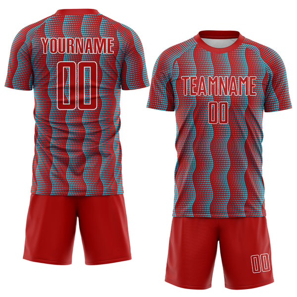 Custom Red Lakes Blue-White Geometric Shape Sublimation Soccer Uniform Jersey