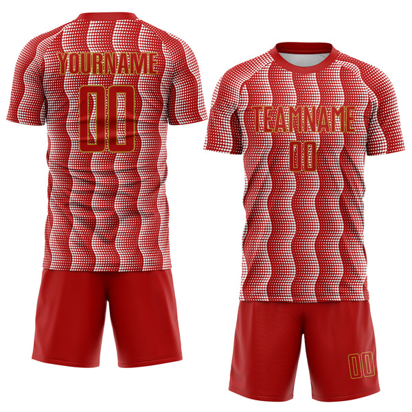 Custom Red Old Gold-White Geometric Shape Sublimation Soccer Uniform Jersey