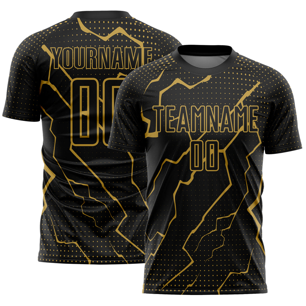 Custom Black Old Gold Lightning Sublimation Soccer Uniform Jersey