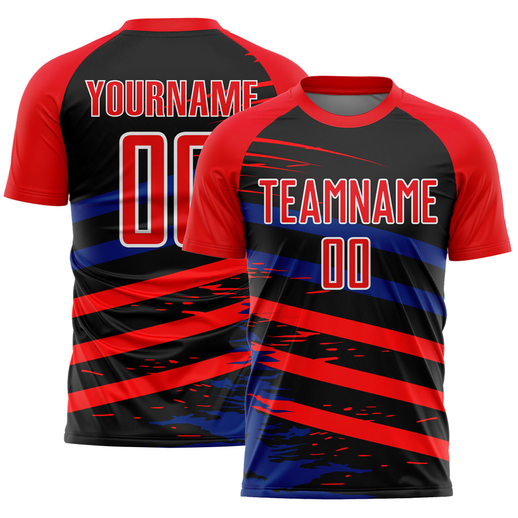 Custom Fire Red Royal-Black Line Sublimation Soccer Uniform Jersey