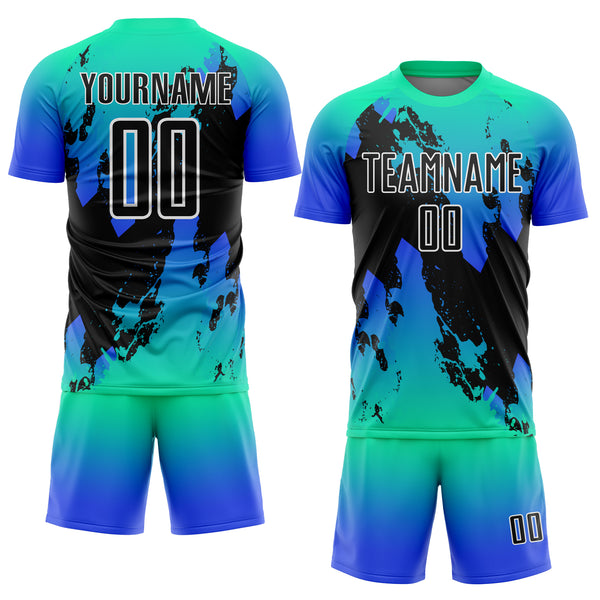 Custom Aqua Black-Thunder Blue Splash Sublimation Soccer Uniform Jersey