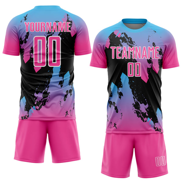 Custom Pink Sky Blue-Black Splash Sublimation Soccer Uniform Jersey