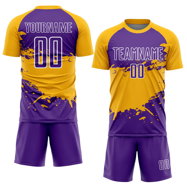 Custom Purple Gold-White Splash Sublimation Soccer Uniform Jersey