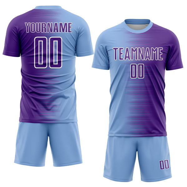 Custom Light Blue Purple-White Gradient Line Sublimation Soccer Uniform Jersey