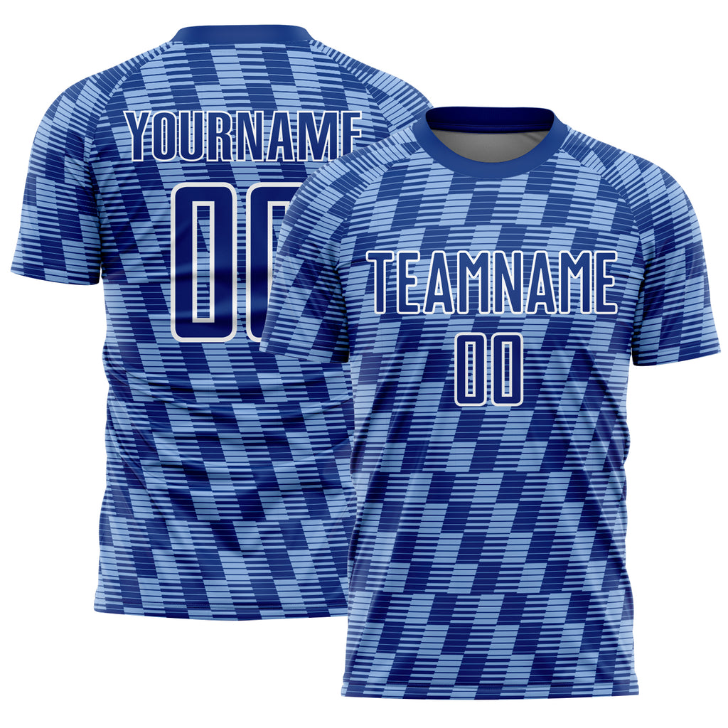 Custom Royal Light Blue-White Line Sublimation Soccer Uniform Jersey