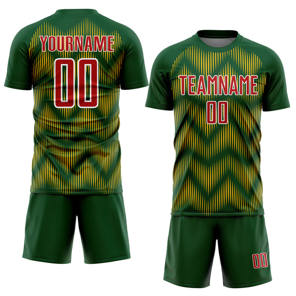 Custom Green Red-Gold Line Sublimation Soccer Uniform Jersey