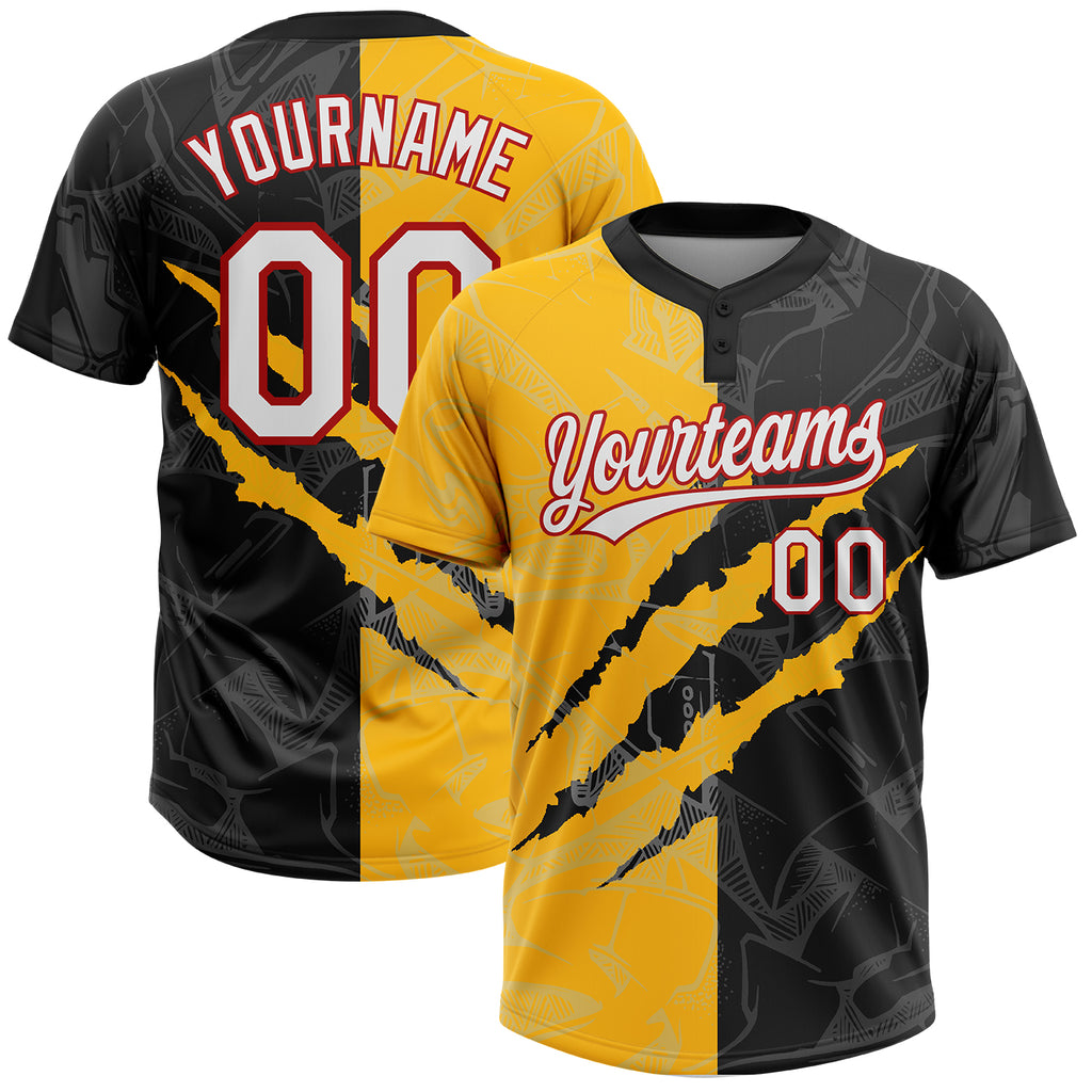 Custom Graffiti Pattern Black Gold-Red 3D Two-Button Unisex Softball Jersey