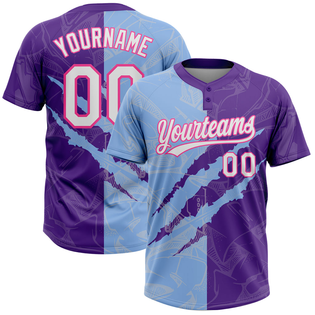 Custom Graffiti Pattern Purple Light Blue-Pink 3D Two-Button Unisex Softball Jersey