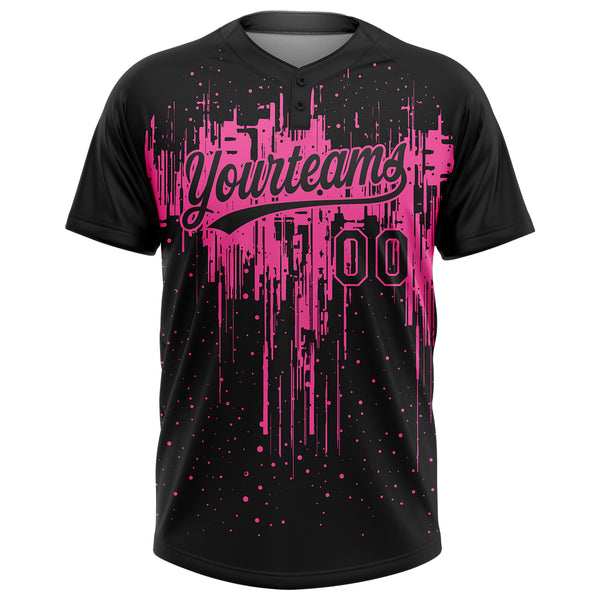 Custom Black Pink 3D Pattern Dripping Splatter Art Two-Button Unisex Softball Jersey