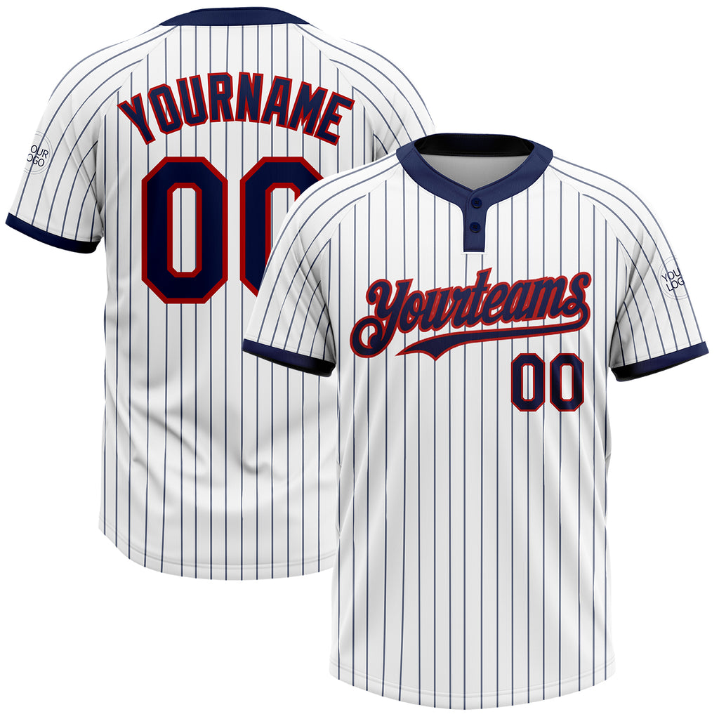 Custom White Navy Pinstripe Red Two-Button Unisex Softball Jersey