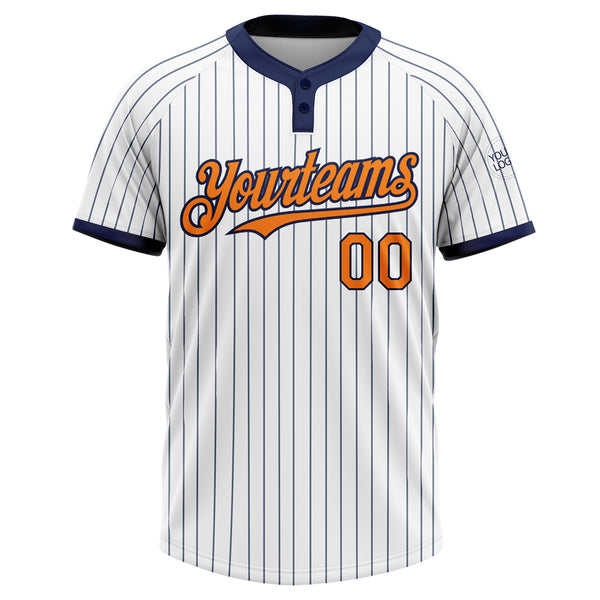 Custom White Navy Pinstripe Bay Orange Two-Button Unisex Softball Jersey