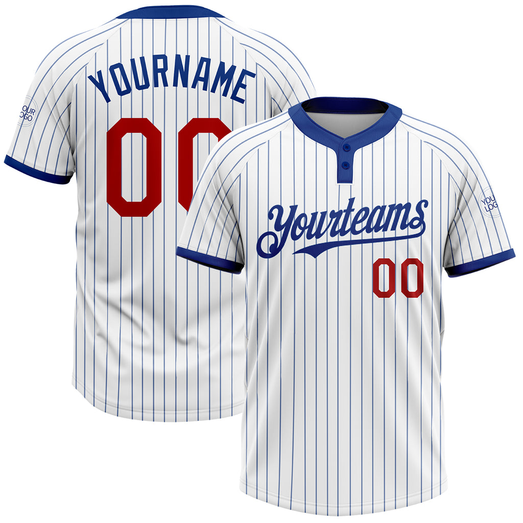 Custom White Royal Pinstripe Red Two-Button Unisex Softball Jersey