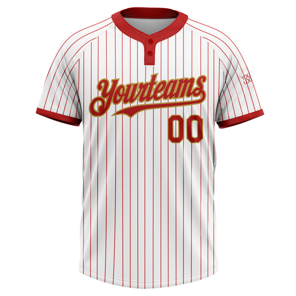 Custom White Red Pinstripe Old Gold Two-Button Unisex Softball Jersey