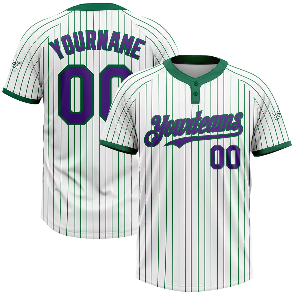 Custom White Kelly Green Pinstripe Purple Two-Button Unisex Softball Jersey