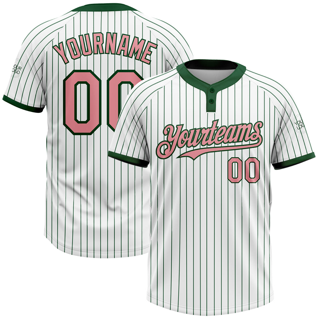 Custom White Green Pinstripe Medium Pink Two-Button Unisex Softball Jersey