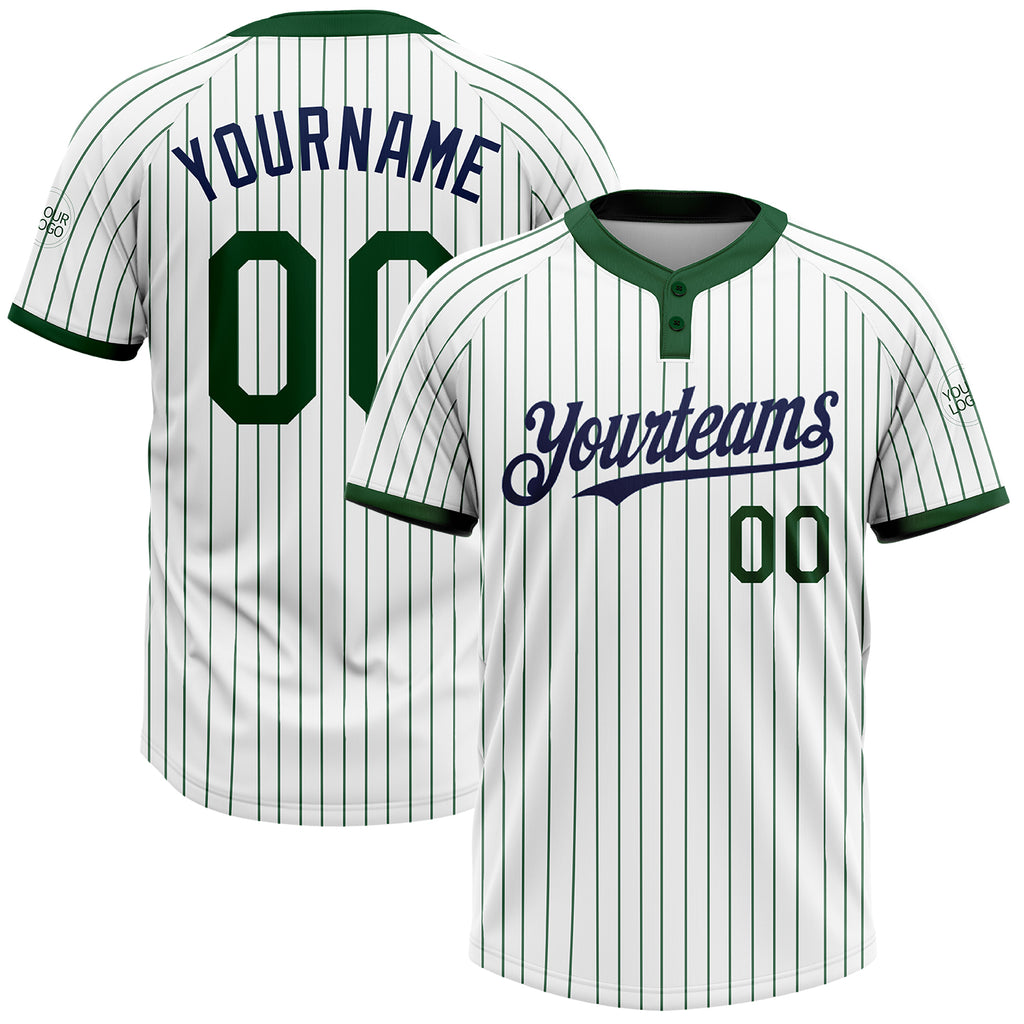 Custom White Green Pinstripe Navy Two-Button Unisex Softball Jersey