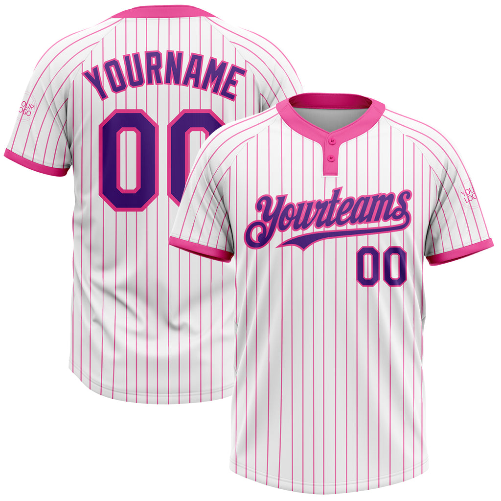 Custom White Pink Pinstripe Purple Two-Button Unisex Softball Jersey