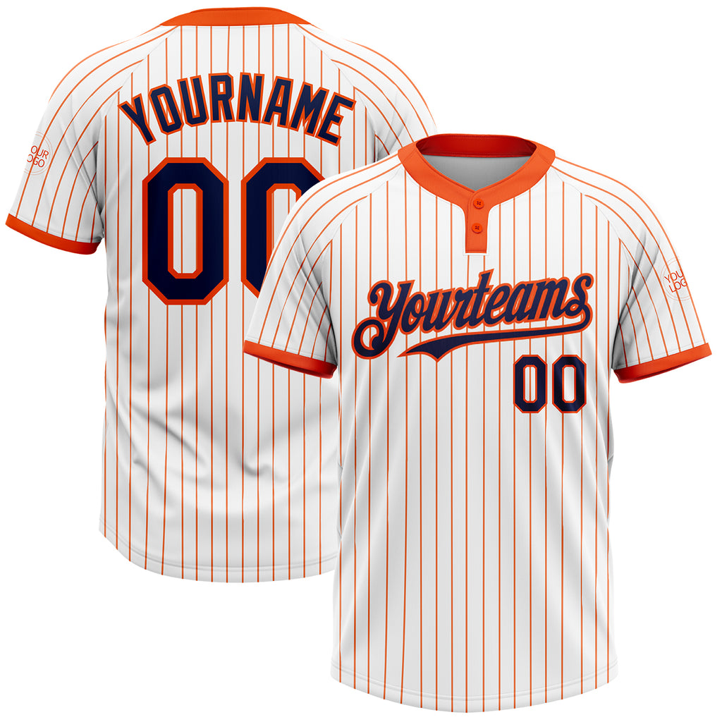 Custom White Orange Pinstripe Navy Two-Button Unisex Softball Jersey