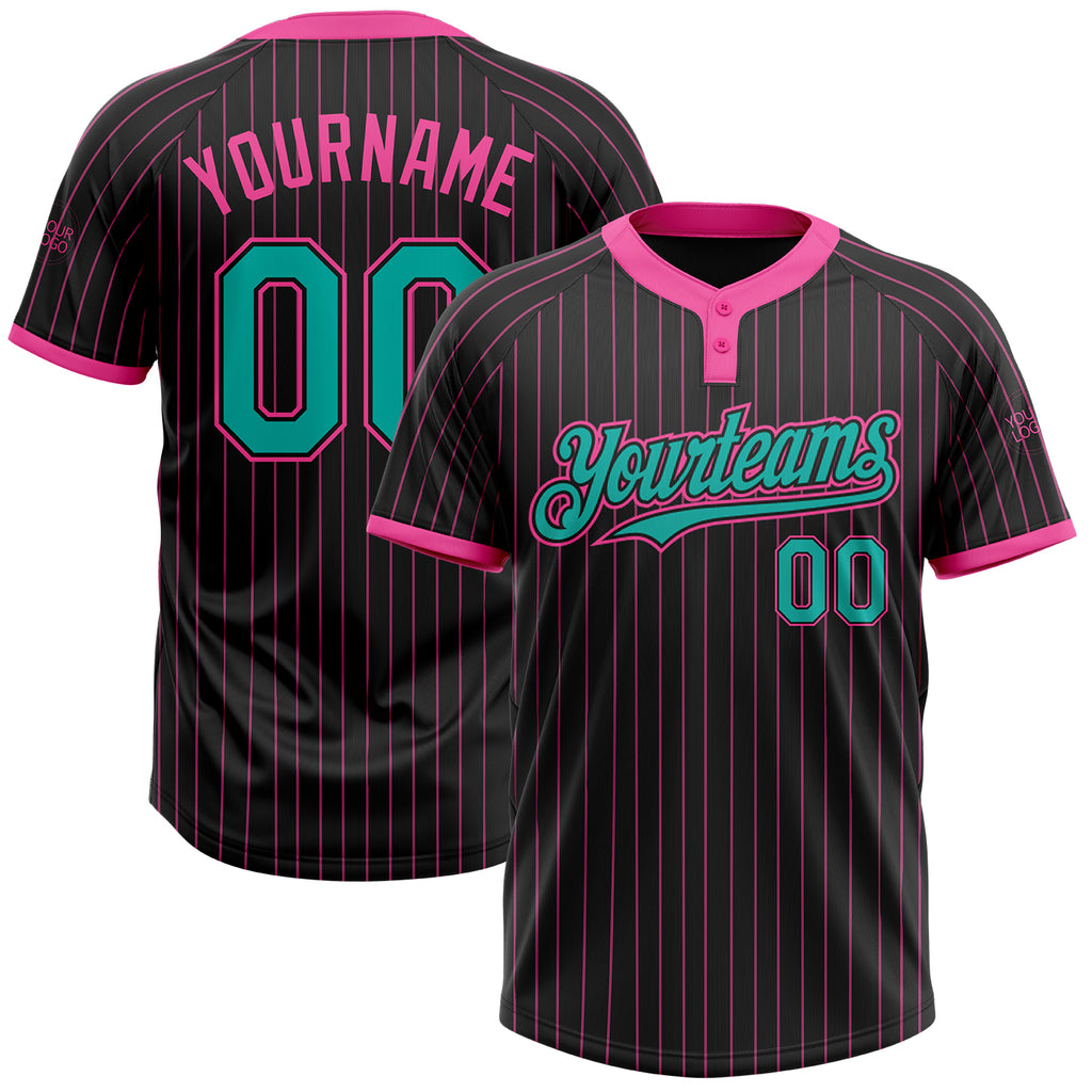 Custom Black Pink Pinstripe Aqua Two-Button Unisex Softball Jersey