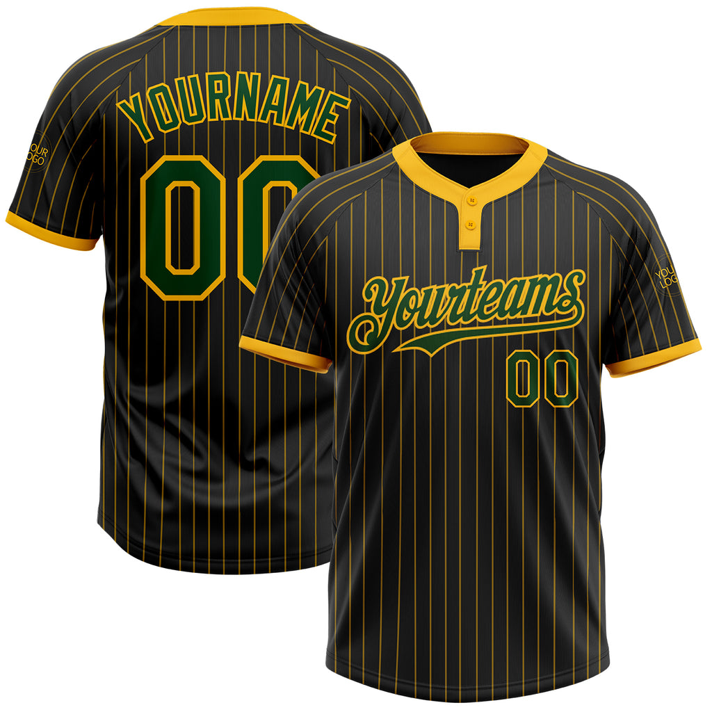 Custom Black Gold Pinstripe Green Two-Button Unisex Softball Jersey