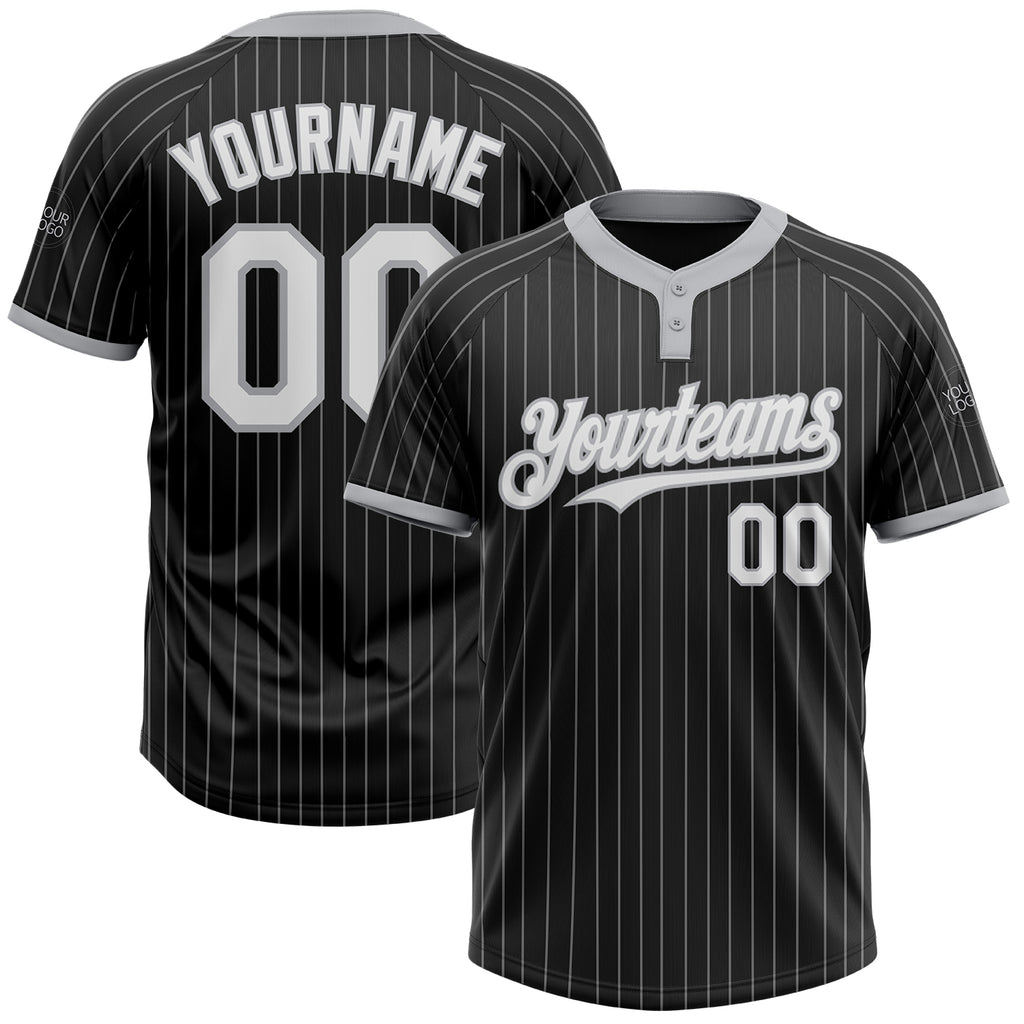 Custom Black Gray Pinstripe White Two-Button Unisex Softball Jersey