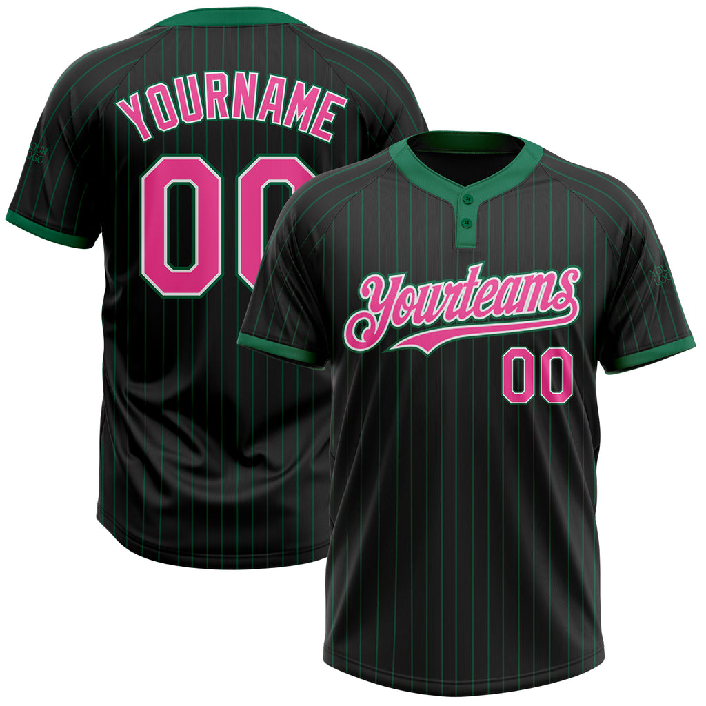 Custom Black Kelly Green Pinstripe Pink-White Two-Button Unisex Softball Jersey