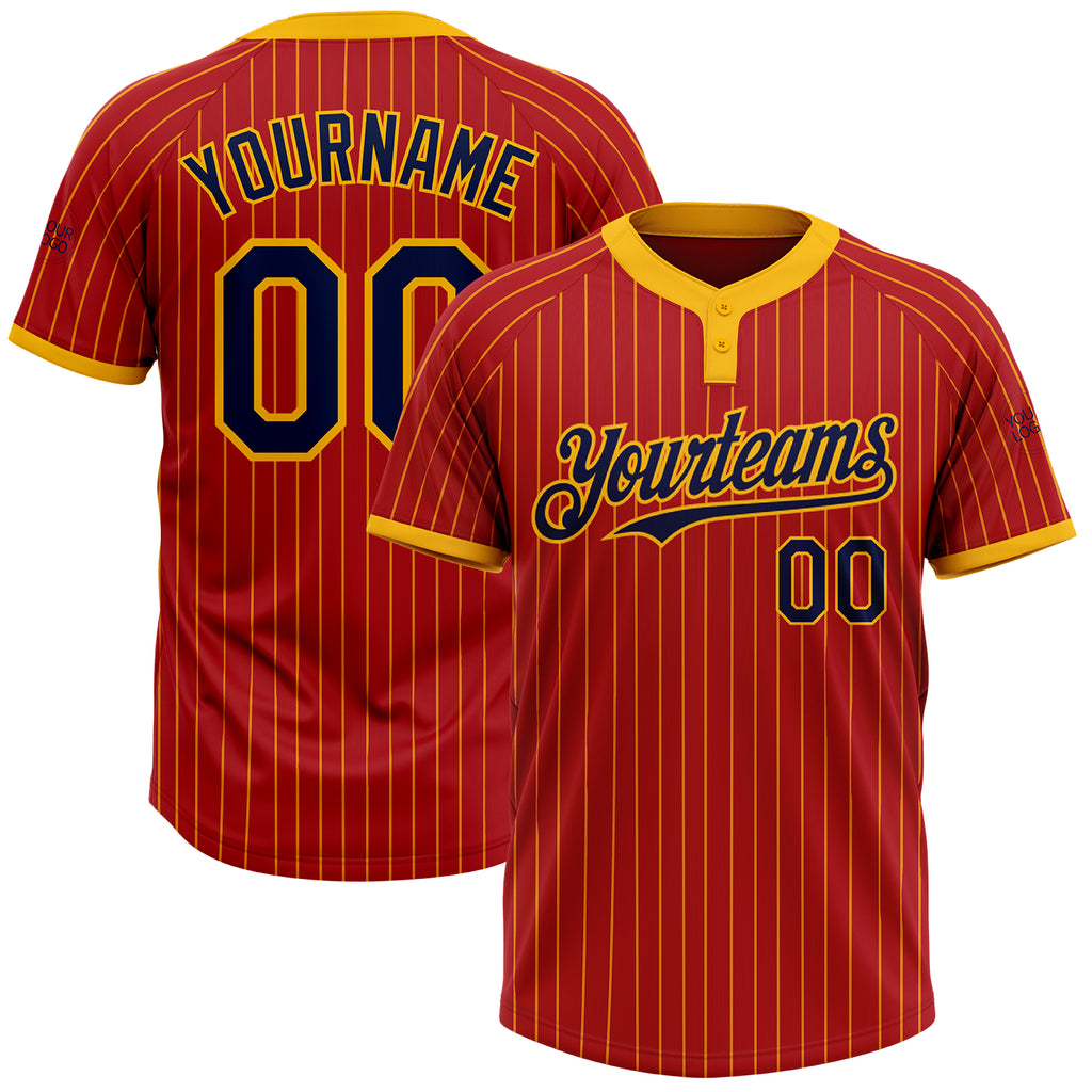 Custom Red Gold Pinstripe Navy Two-Button Unisex Softball Jersey