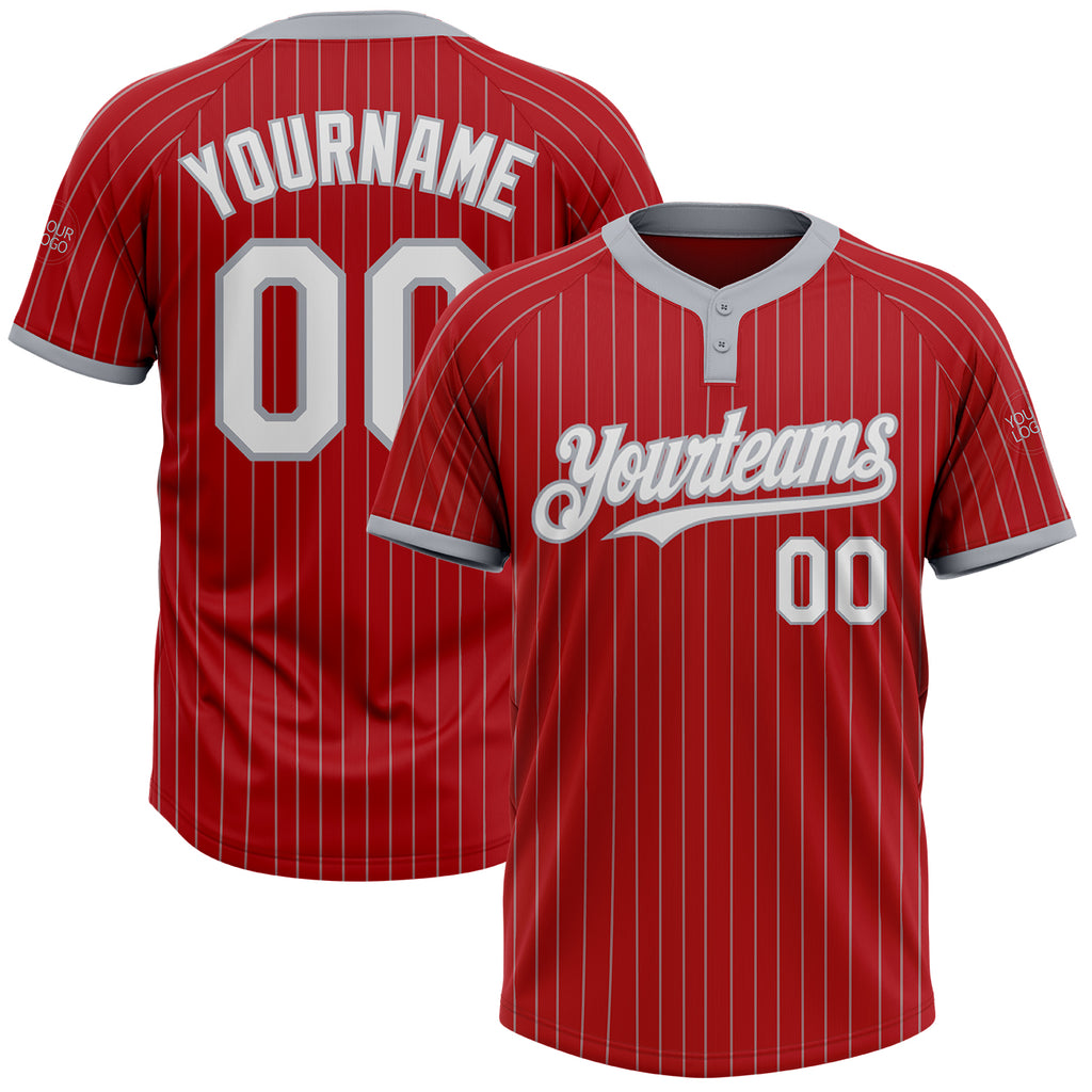 Custom Red Gray Pinstripe White Two-Button Unisex Softball Jersey