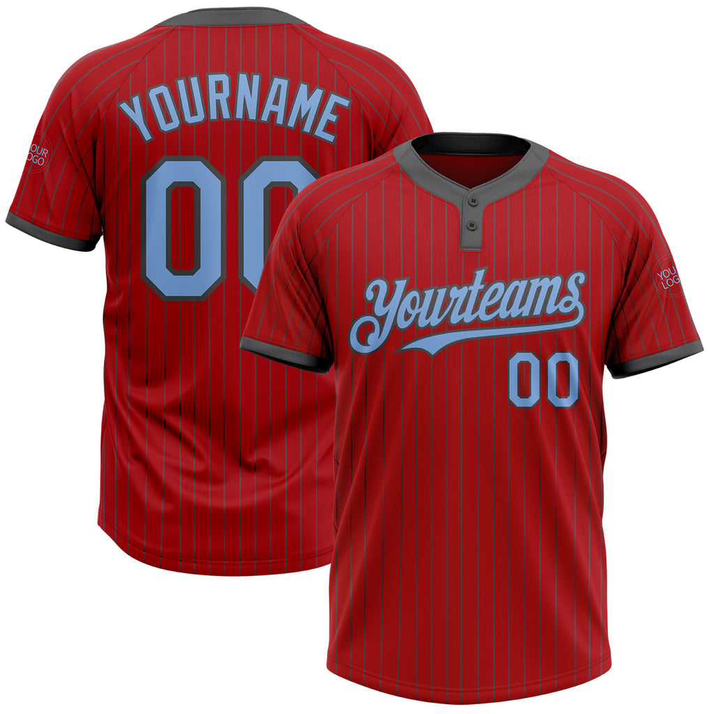 Custom Red Steel Gray Pinstripe Light Blue Two-Button Unisex Softball Jersey