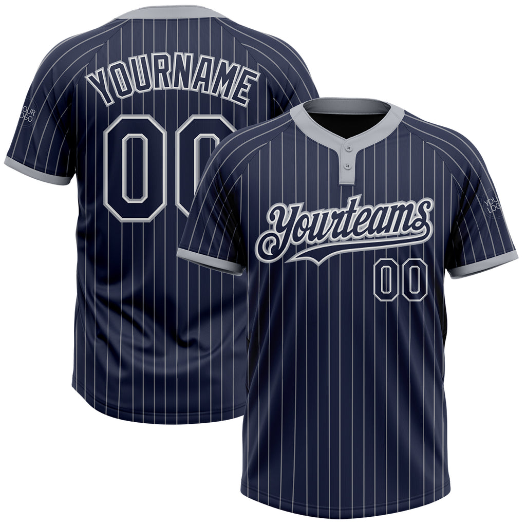 Custom Navy Gray Pinstripe White Two-Button Unisex Softball Jersey