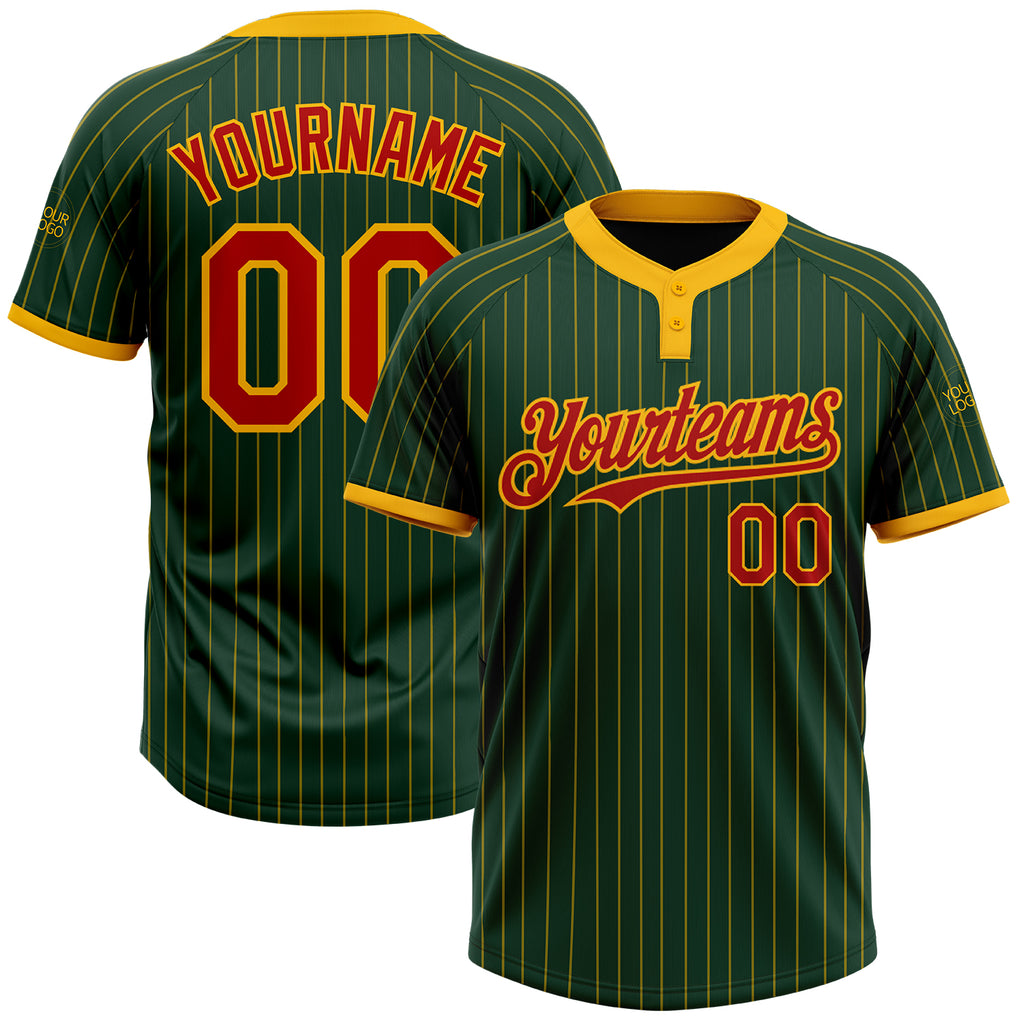 Custom Green Gold Pinstripe Red Two-Button Unisex Softball Jersey