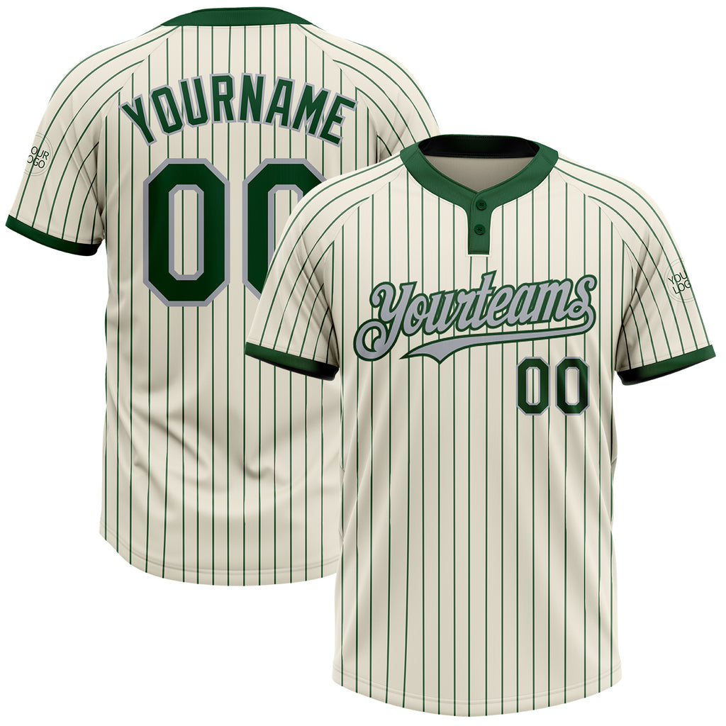 Custom Cream Green Pinstripe Gray Two-Button Unisex Softball Jersey