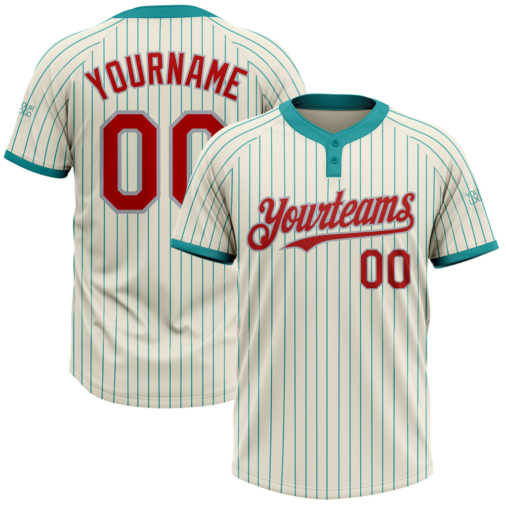 Custom Cream Teal Pinstripe Red-Gray Two-Button Unisex Softball Jersey