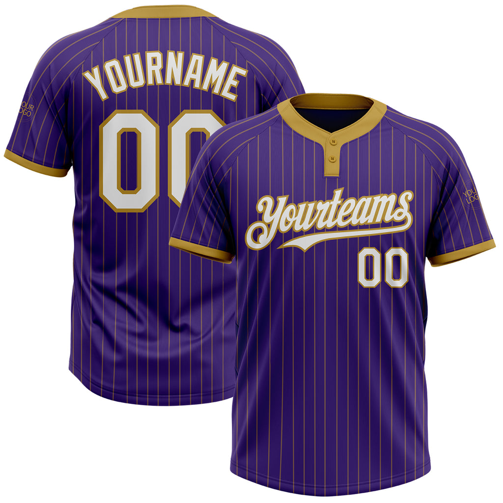 Custom Purple Old Gold Pinstripe White Two-Button Unisex Softball Jersey