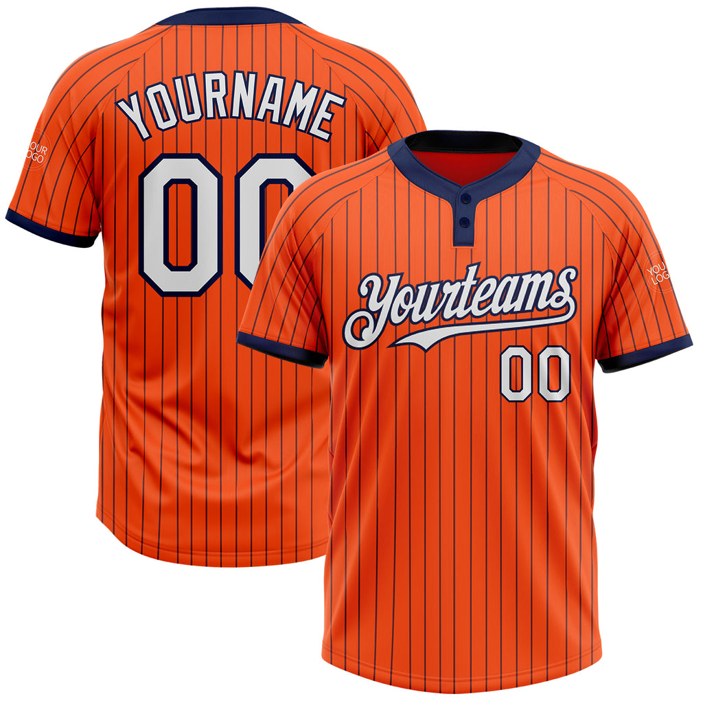 Custom Orange Navy Pinstripe White Two-Button Unisex Softball Jersey