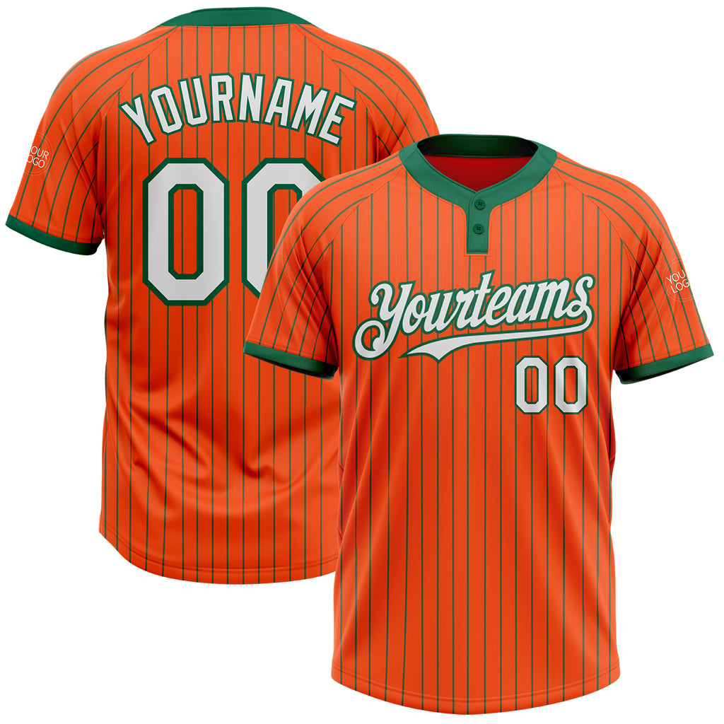 Custom Orange Kelly Green Pinstripe White Two-Button Unisex Softball Jersey