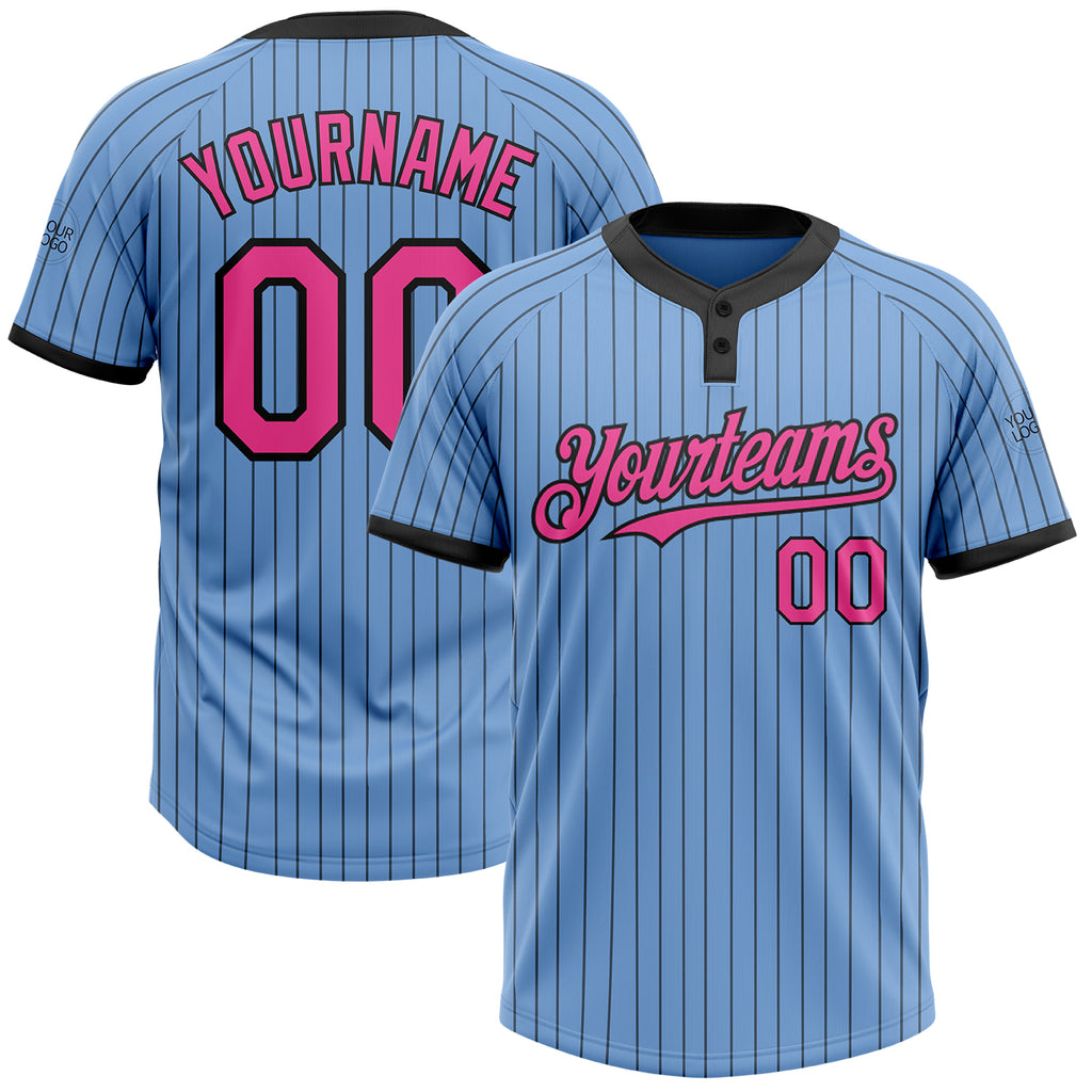 Custom Light Blue Black Pinstripe Pink Two-Button Unisex Softball Jersey