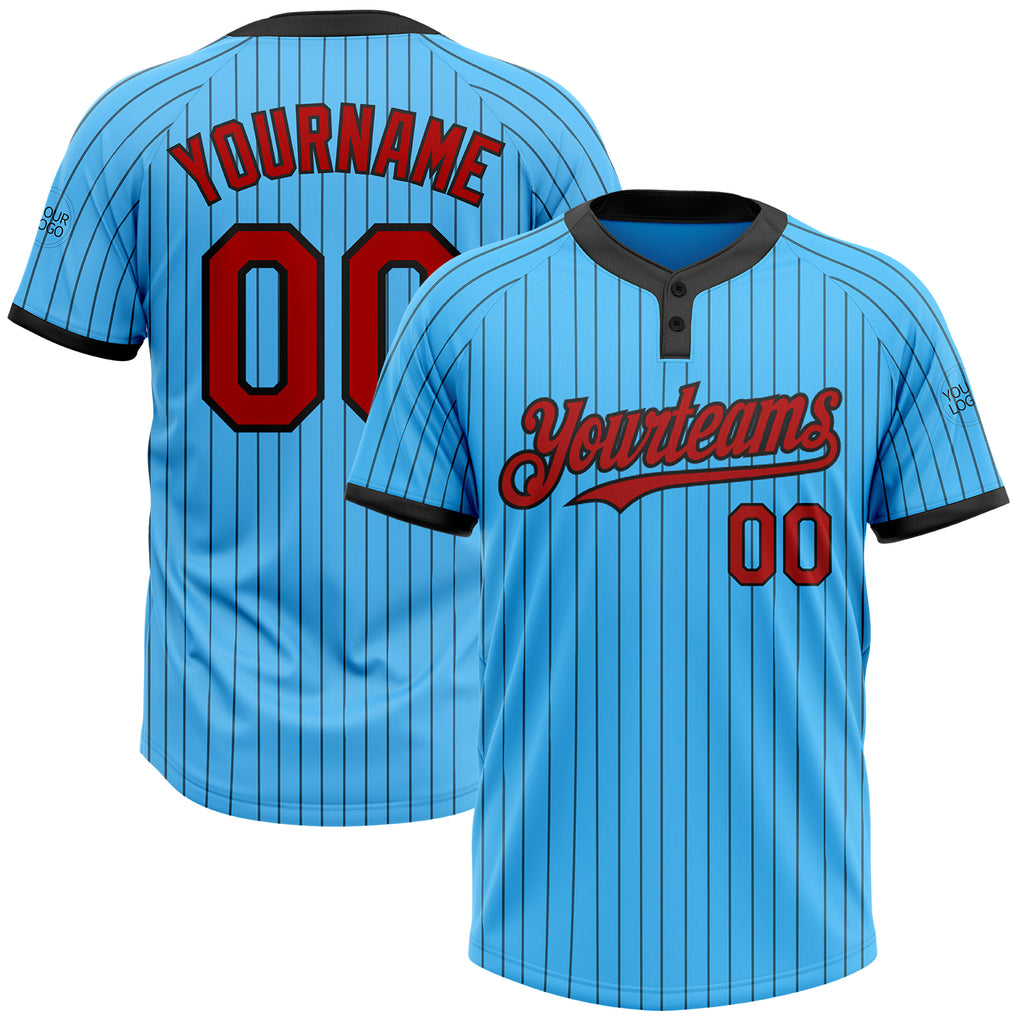 Custom Sky Blue Black Pinstripe Red Two-Button Unisex Softball Jersey