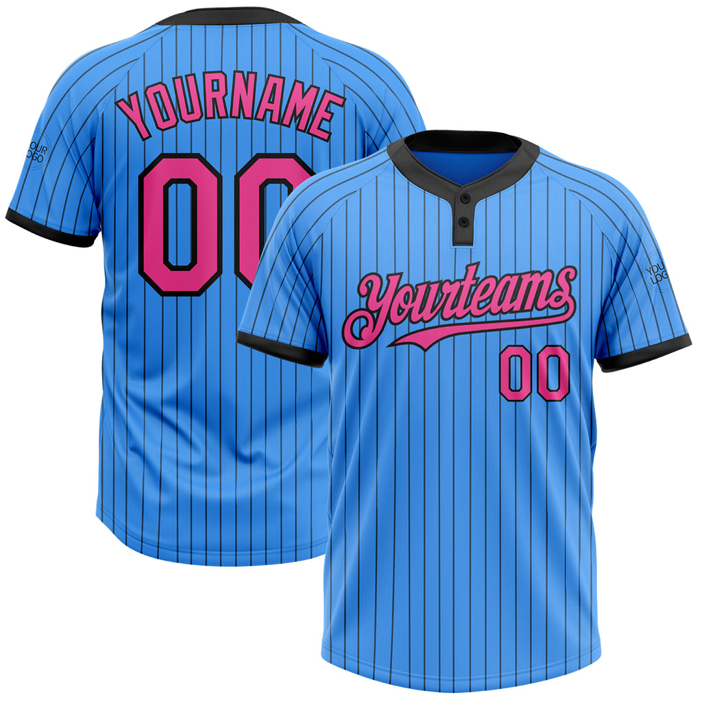 Custom Electric Blue Black Pinstripe Pink Two-Button Unisex Softball Jersey