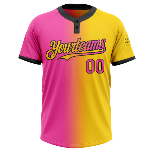 Custom Yellow Pink-Black Gradient Fashion Two-Button Unisex Softball Jersey