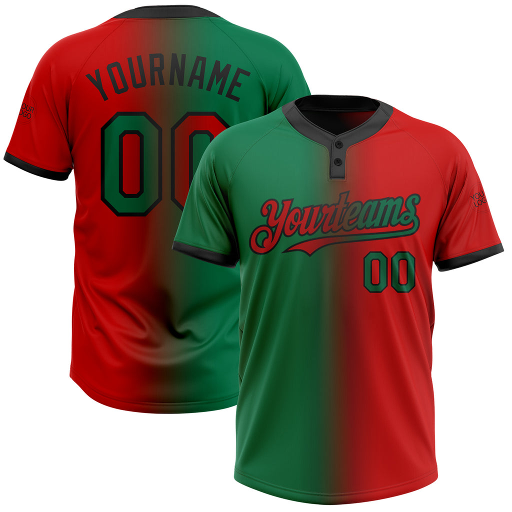 Custom Red Kelly Green-Black Gradient Fashion Two-Button Unisex Softball Jersey