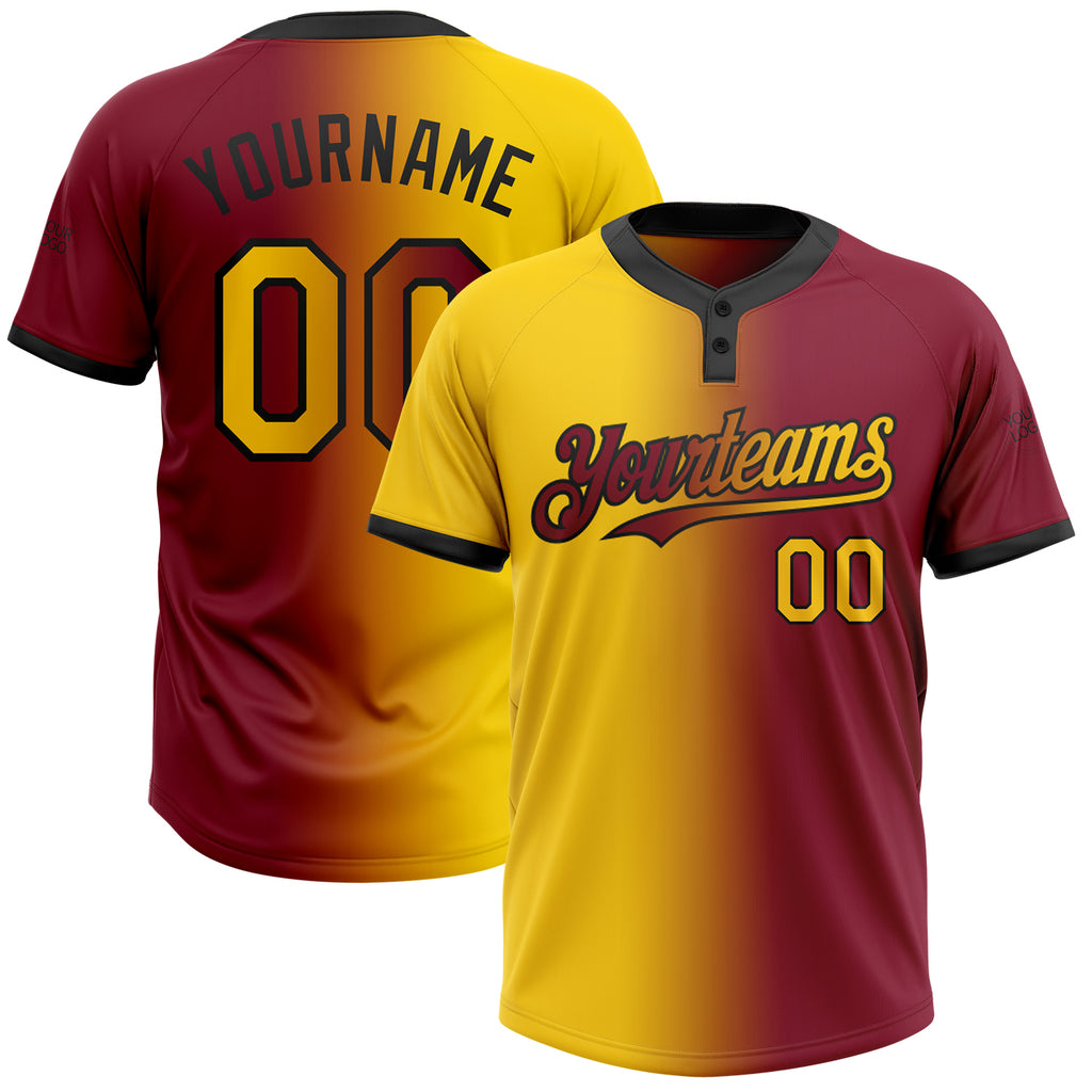 Custom Crimson Yellow-Black Gradient Fashion Two-Button Unisex Softball Jersey