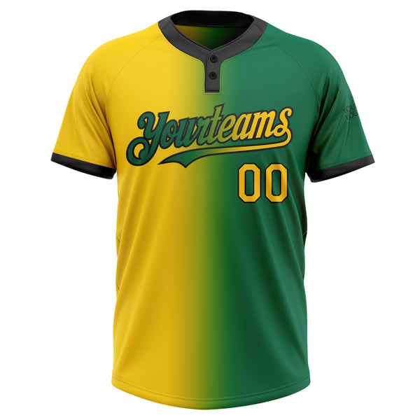 Custom Kelly Green Yellow-Black Gradient Fashion Two-Button Unisex Softball Jersey