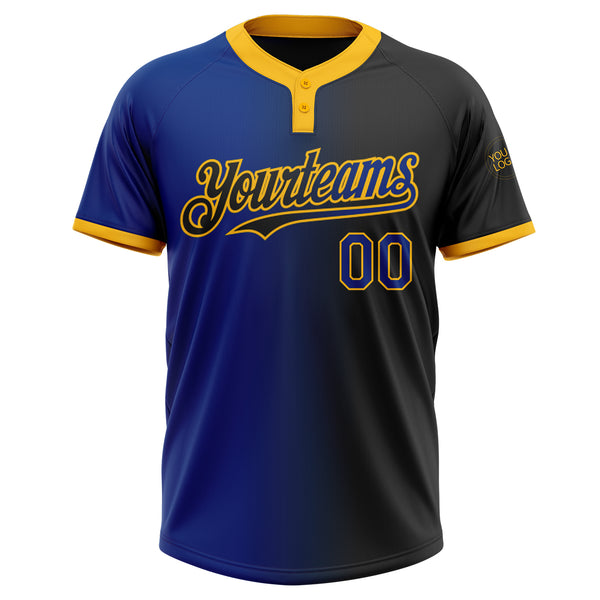 Custom Black Royal-Gold Gradient Fashion Two-Button Unisex Softball Jersey