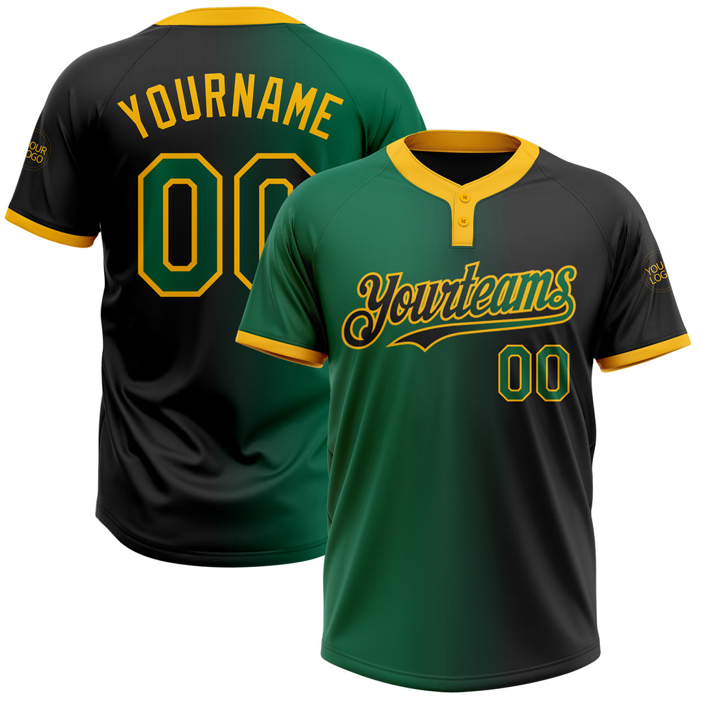 Custom Black Kelly Green-Gold Gradient Fashion Two-Button Unisex Softball Jersey