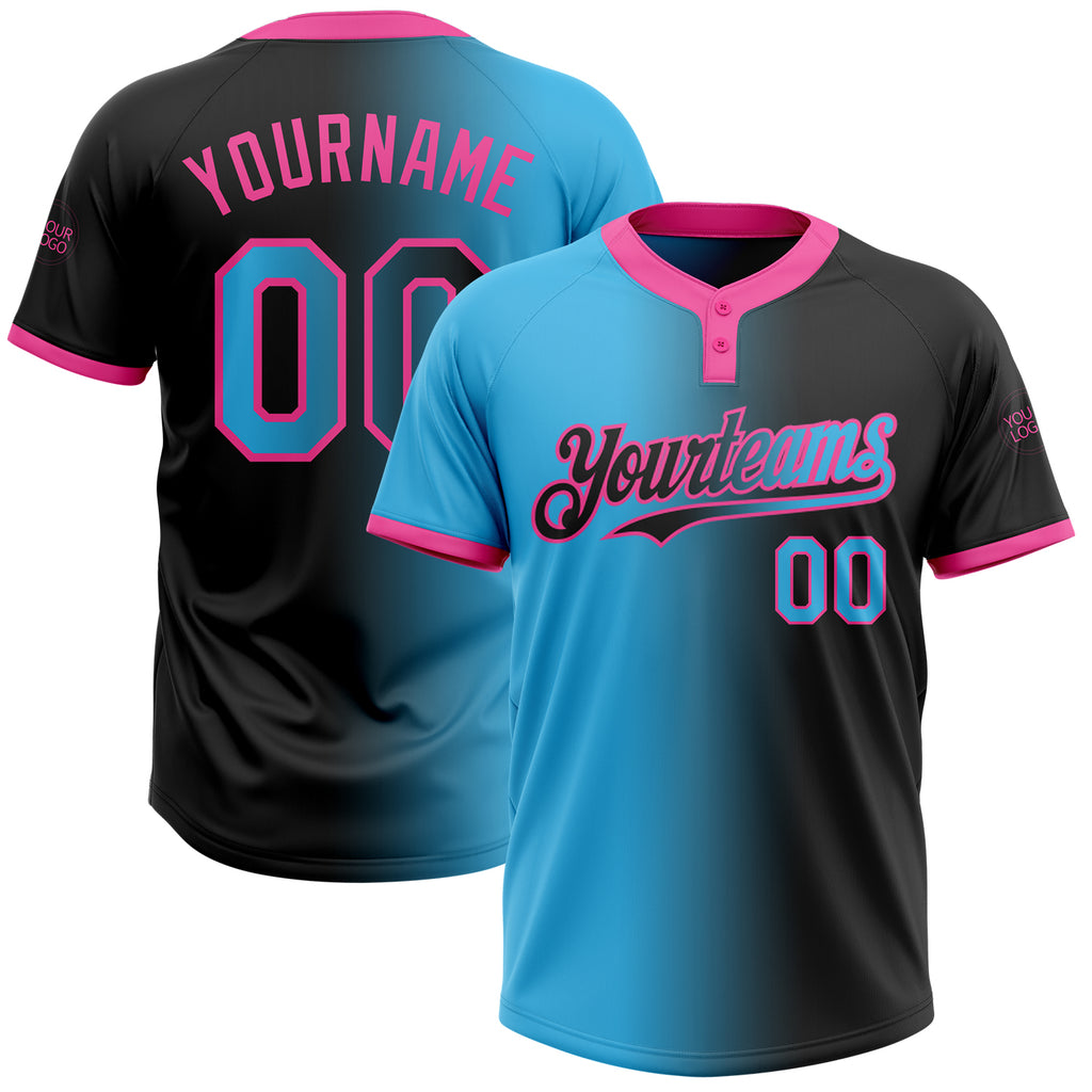 Custom Black Sky Blue-Pink Gradient Fashion Two-Button Unisex Softball Jersey