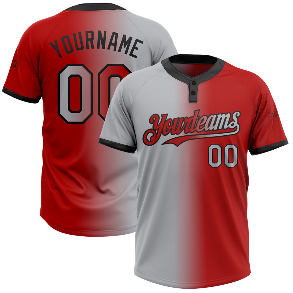 Custom Red Gray-Black Gradient Fashion Two-Button Unisex Softball Jersey